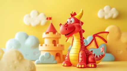 Obraz premium A cartoon dragon standing next to a castle, with clouds in the background.