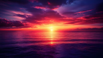 Fototapeta premium Mesmerizing Sunset Landscape with Deep Red and Purple Hues Reflecting Beautifully on the Calm Ocean Surface