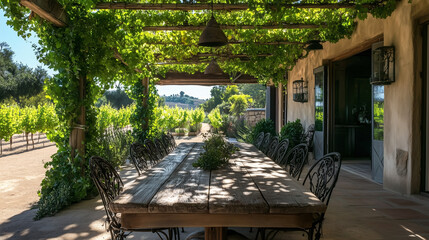 Obraz premium Outdoor Mediterranean dining area with a wooden table, wrought iron chairs, and a canopy of grapevines providing natural shade