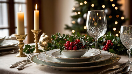 a holiday dinner table set for a celebration. a crisp white tablecloth, adorned with fine china, crystal glasses, and silverware. Seasonal decorations, 