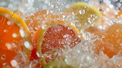 An up close view of a container of citrus fruit punch featuring ice crystals and flying pods of the fruit