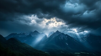 Fototapeta premium Ominous dark storm clouds gathering overhead cast a dramatic foreboding atmosphere over the majestic mountain range The light highlights the rugged towering peaks