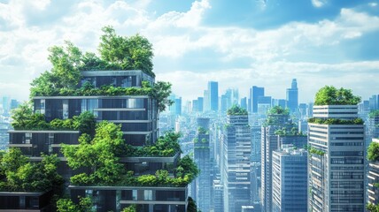 Fototapeta premium A futuristic cityscape featuring green buildings and lush vegetation against a bright sky.