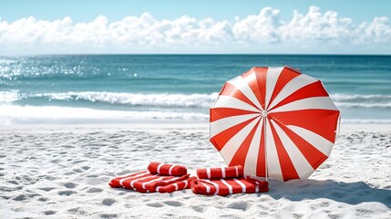 A vibrant red and white striped umbrella providing shade over cozy bright red beach towels laid out on the pristine white sand of a serene sunlit coastal scene