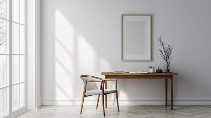 Fototapeta premium Scandinavian-inspired minimalist home office with a wooden desk, white walls, simple accessories, and a comfortable chair