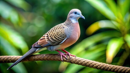 Obraz premium Perched on a branch, the graceful zebra dove's majestic black and white plumage glistens against a hazy, out-of-focus