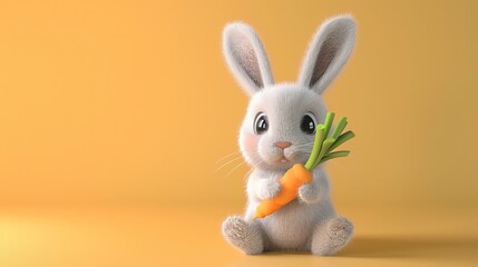 Obraz premium Cute, fluffy white bunny rabbit sitting on a yellow background, holding a carrot.