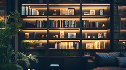 Elegant black bookshelf displaying a curated collection of art books and lush potted plants