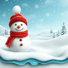 Fototapeta premium Cheerful Snowman in Red Hat and Scarf on Snowy Hill, Winter Wonderland Background With Copy Space