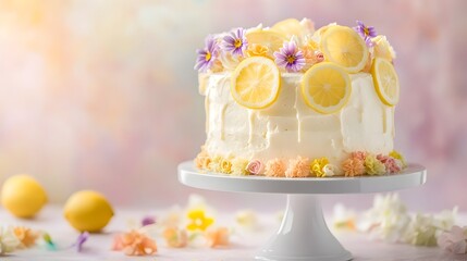Beautifully presented lemon cake adorned with fresh lemon slices and edible flowers displayed on a pristine white cake stand against a soft pastel toned background