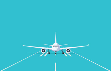 Airplanes on the runway, front view. Passenger and cargo air transport. Travel concept. Fast intercity flight. Vector illustration