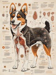 an educational poster for World Rabies Day showing the anatomy of a dog and the path of the rabies virus, with detailed diagrams and labels, in scientific illustration style