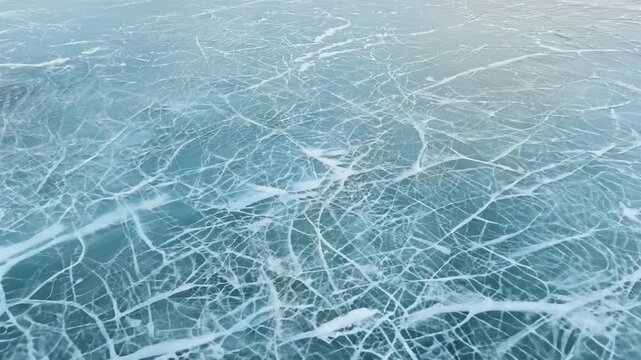 The frozen lake displays intricate patterns formed by crackling ice, reflecting the bright daylight and showcasing the beauty of winter's landscape