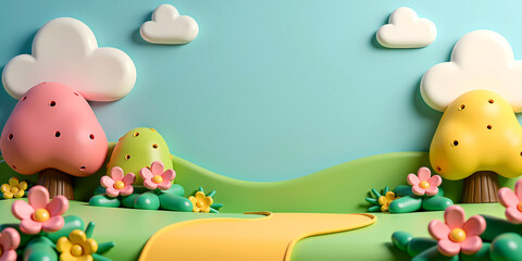 Obraz premium Cartoon mushroom houses with a flowery landscape