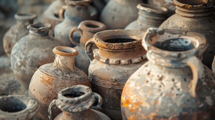 A close-up view of a collection of worn and cracked clay pots arranged together, highlighting the textures and details of their aged surfaces.