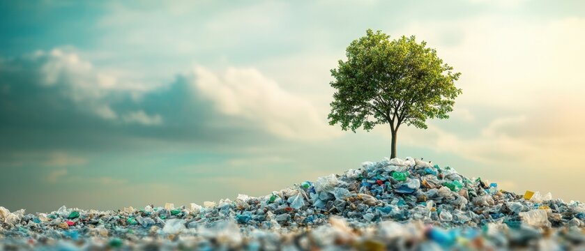 A single tree stands atop a mound of trash, symbolizing the impact of pollution on nature.