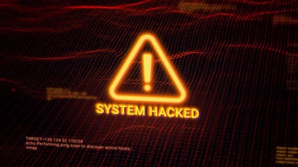 Business server show security hacked alert warning sign, Hacker access private confidential database, Cyber attack data protection system exploit concept, hacking computer tech screen 3d rendering