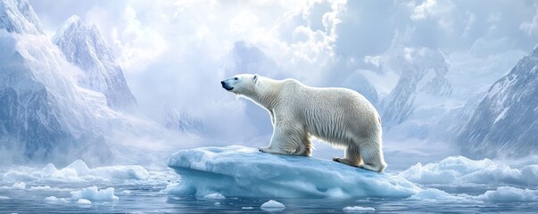 Fototapeta premium A solitary polar bear standing on an ice floe amidst a serene arctic landscape.
