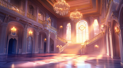 Obraz premium Glamorous background with a luxurious anime-style ballroom, including chandeliers, decorations, and a grand staircase