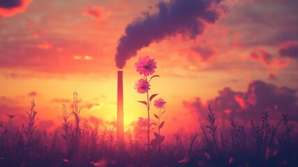 Obraz premium A striking contrast of nature and industry, with a flower standing tall against a smoky factory backdrop during a vibrant sunset.