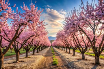 Fototapeta premium Rows of almond trees burst forth in vibrant bloom, infusing the air with sweet fragrance and painting the