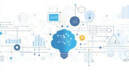Obraz premium Abstract data elements like charts, graphs, and binary code flowing around a central brain or lightbulb symbol, representing analytics and innovation