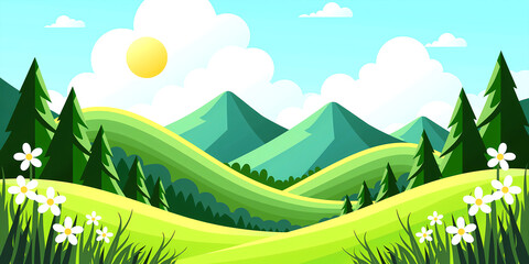 Obraz premium Sunny mountain landscape in cartoon style