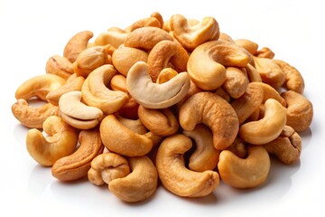 Fresh roasted cashews of different shapes and sizes scattered on a crisp white surface, appealing to the senses
