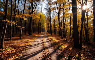 A narrow dirt path winds through a dense forest, with golden autumn leaves carpeting the ground.