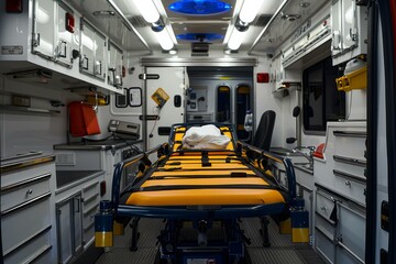 Interior of an ambulance with nobody inside and medical equipment, an empty stretcher is waiting for a patient