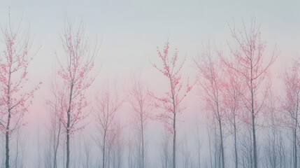 Obraz premium Serene sakura grove with the intricate skeletal branches of cherry blossom trees creating mesmerizing patterns against a soft hazy sky Gentle sunlight hints at the upcoming bloom creating a peaceful