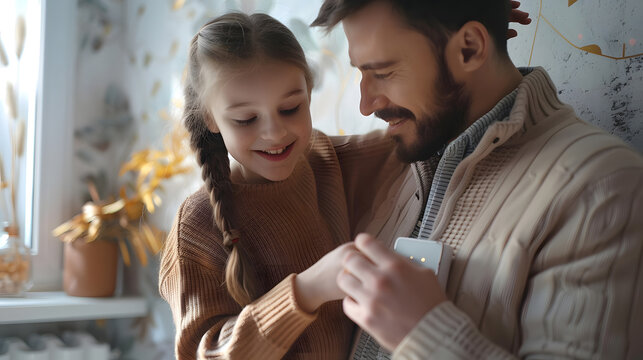 Girl helping father to adjust, lower heating temperature on thermostat. Concept of sustainable, efficient, smart technology in home heating and thermostats. generative ai.