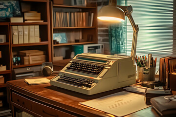 Travel back in time with a vintage office featuring retro technology and classic desk accessories from the past era, creating a nostalgic ambiance