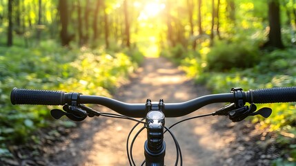 Bicycle handlebars in a forest path with sunlight filtering through the trees.