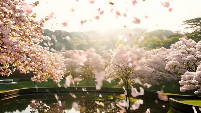 Camera pans across cherry blossoms during hanami in a serene japanese garden.