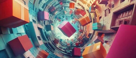 Abstract colorful geometric shapes swirling in a tunnel, creating a mesmerizing visual effect.