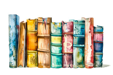 Watercolor illustration of a row of vintage old books isolated on white background, watercolor image of books stacking isolated on white.