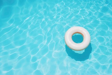 A round buoy floats in blue pool water. Perfect for summer vacation, travel, relaxation, pool parties, swimming pools, and water sports themes. Generative AI