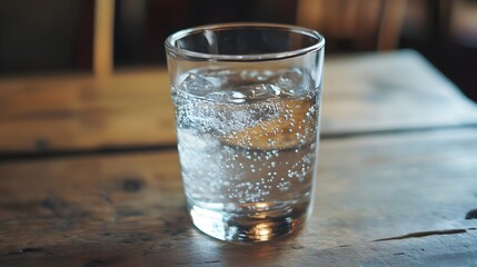A refreshing glass of sparkling water with ice on a rustic wooden table.