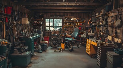 Fototapeta premium A rustic workshop filled with tools, equipment, and a comfy chair for DIY projects.