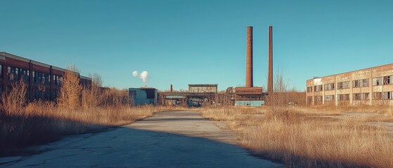 Fototapeta premium An abandoned industrial complex with grass overgrowth, featuring old buildings and smokestacks under a clear blue sky.