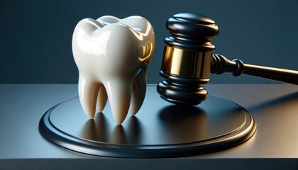 Dental law concept with a tooth model and judge's gavel on a dark background