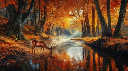 Majestic deer drinking from a calm river in an autumn forest