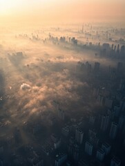 Beautiful aerial view of a city shrouded in early morning fog with warm golden light illuminating the skyline.