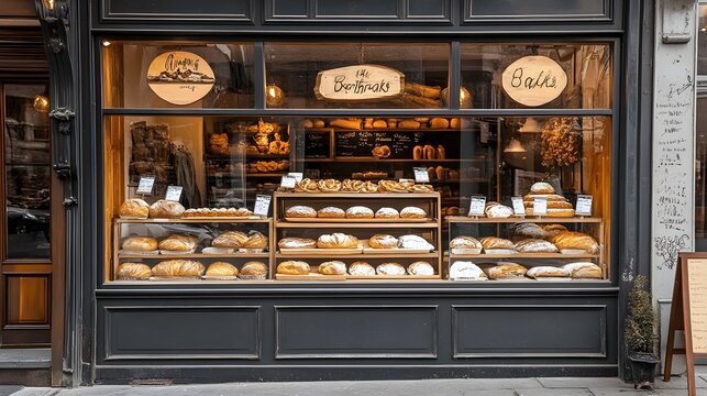Elegant Bakery Storefront Design Featuring a Charming Display of Freshly Baked Bread and Enticing Pastries in the Window Accented by Inviting Signage and Outdoor Decor