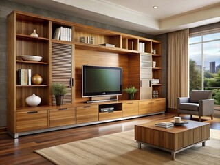 Stylish and modern, this wooden entertainment center boasts ample storage for electronics and media, merging form and