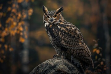 Obraz premium Majestic owl perched on autumn rock