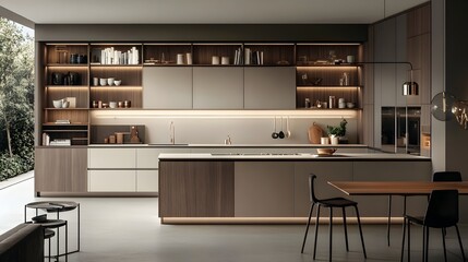 Fototapeta premium Minimalist and Contemporary Kitchen Interior Design with Open Shelving System Neutral Color Palette and Central Island Emphasizing Simplicity and Functionality