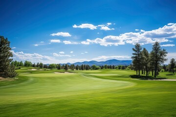 a golf course including trees in the distance and a lush, green field. The sky is blue and clear. Generative AI