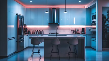 Showcasing a Stylish Minimalist Kitchen with Seamless of Appliances Geometric Lines and a Clutter free Environment Accentuated by Soft Ambient Lighting